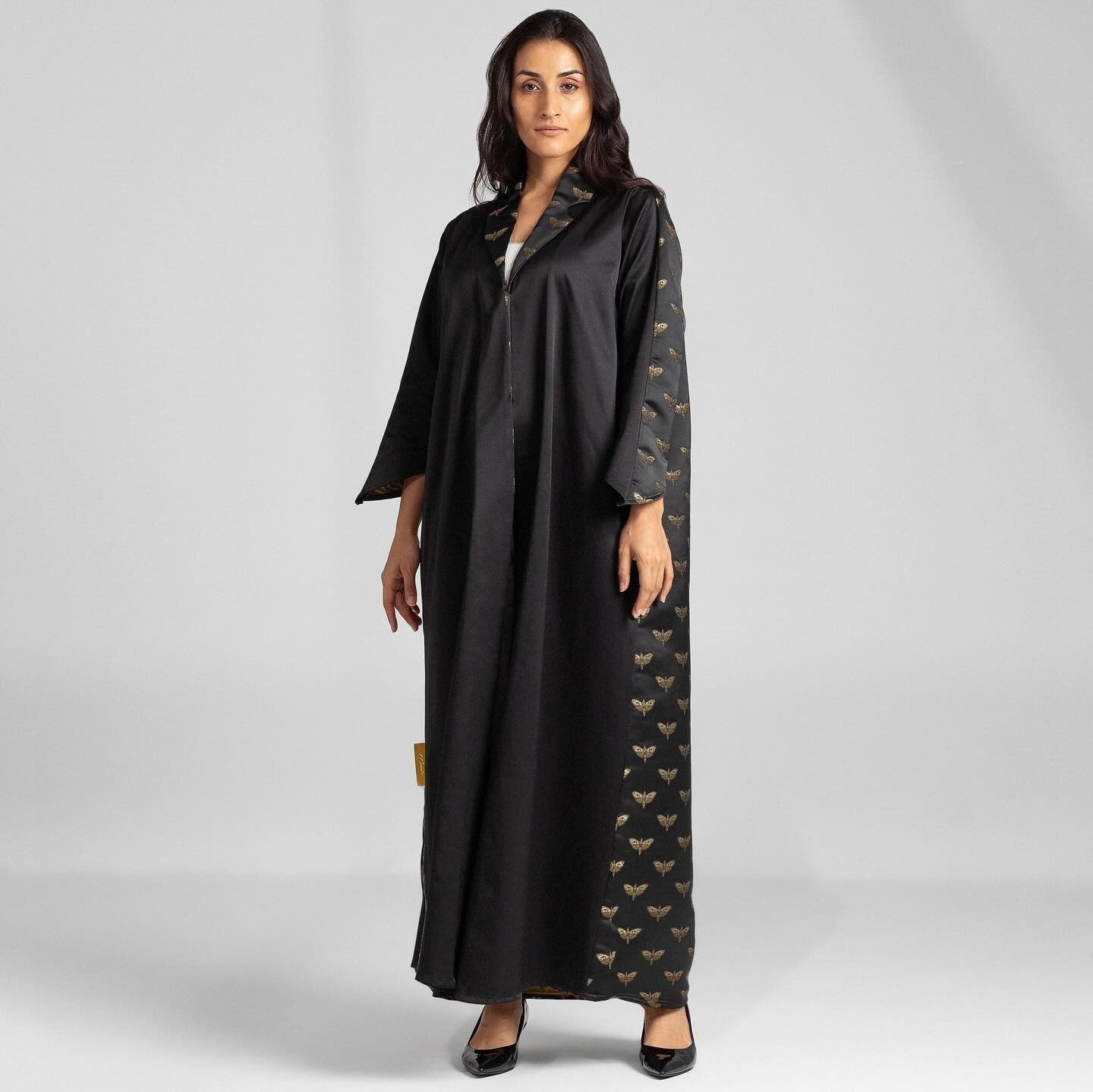 Black Abaya with Gold Floral Side and Collar Trim