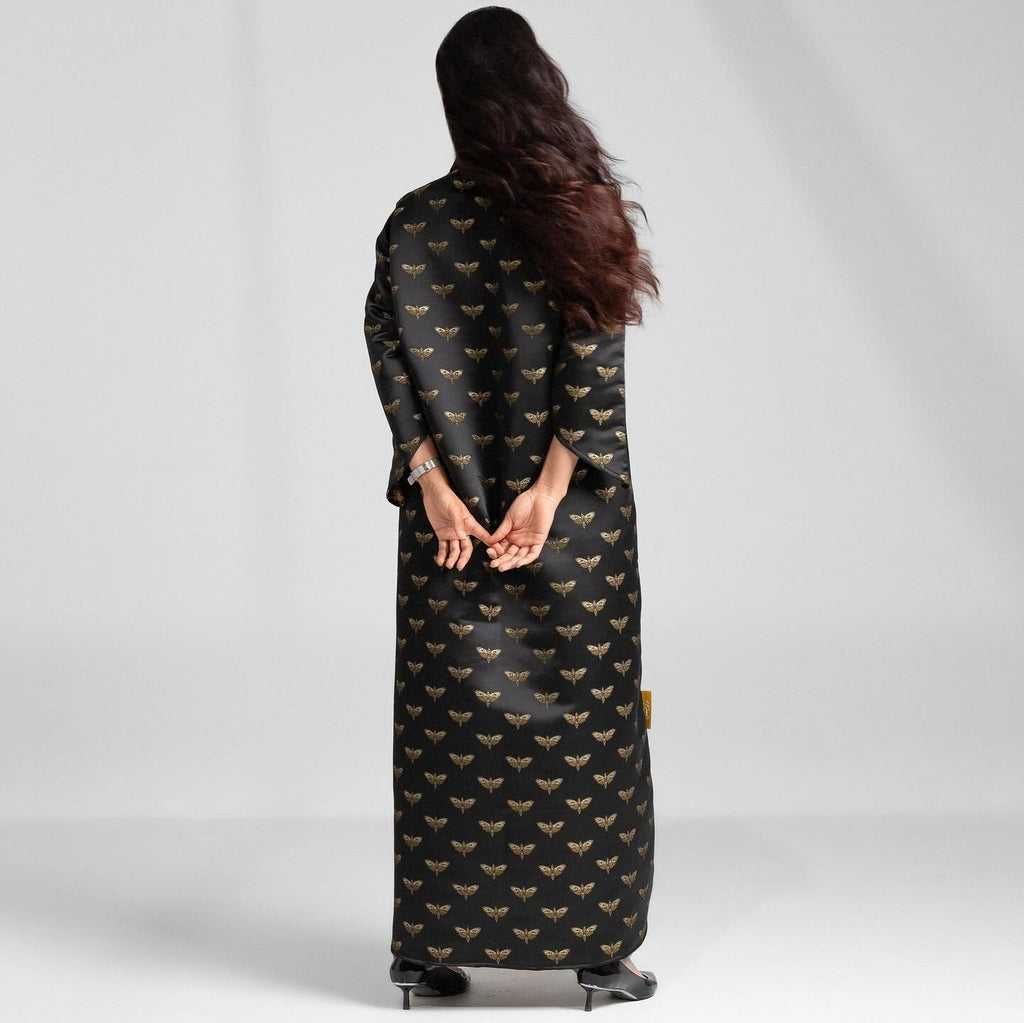 Black Abaya with Gold Floral Side and Collar Trim