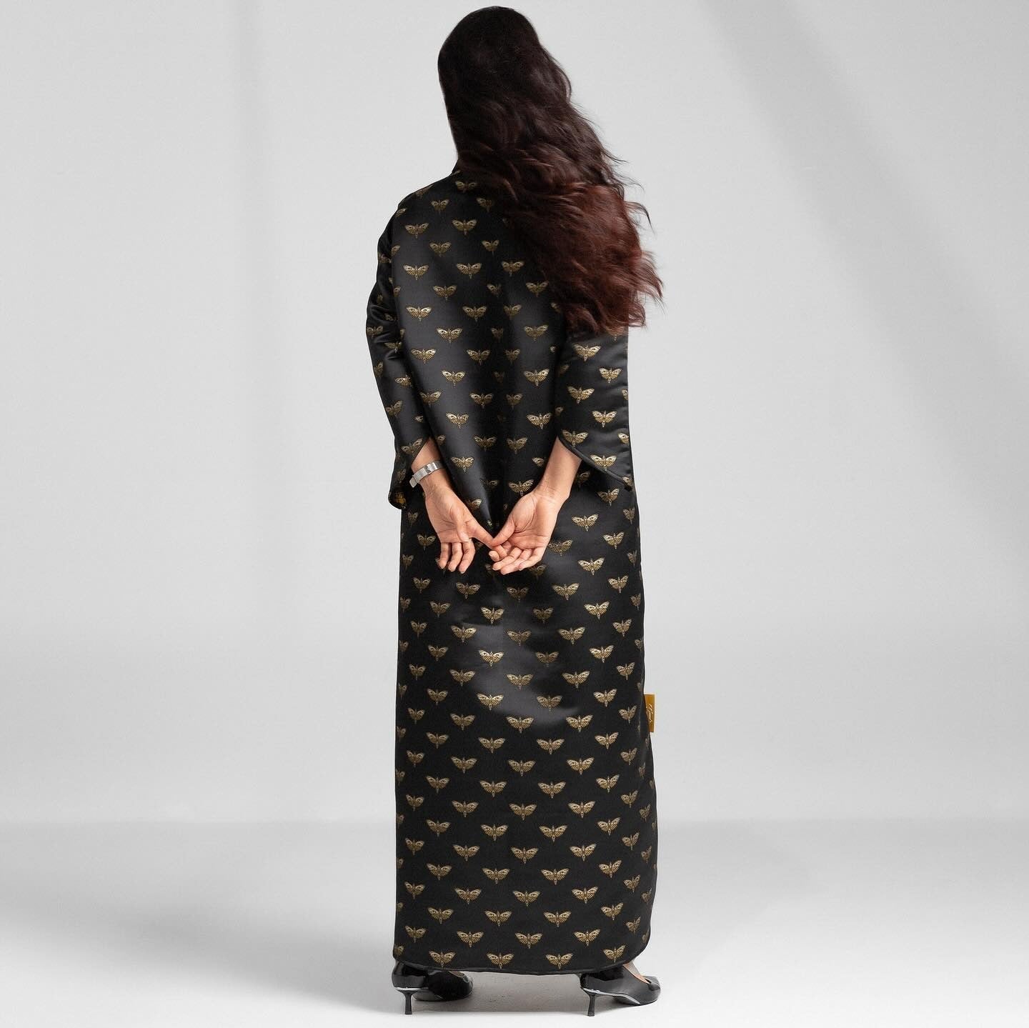 Black Abaya with Gold Floral Side and Collar Trim