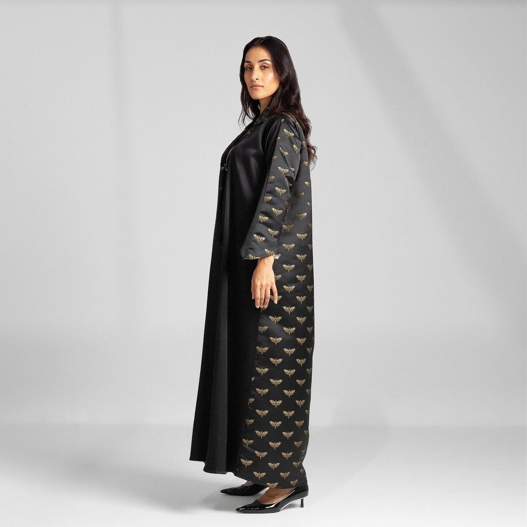 Black Abaya with Gold Floral Side and Collar Trim