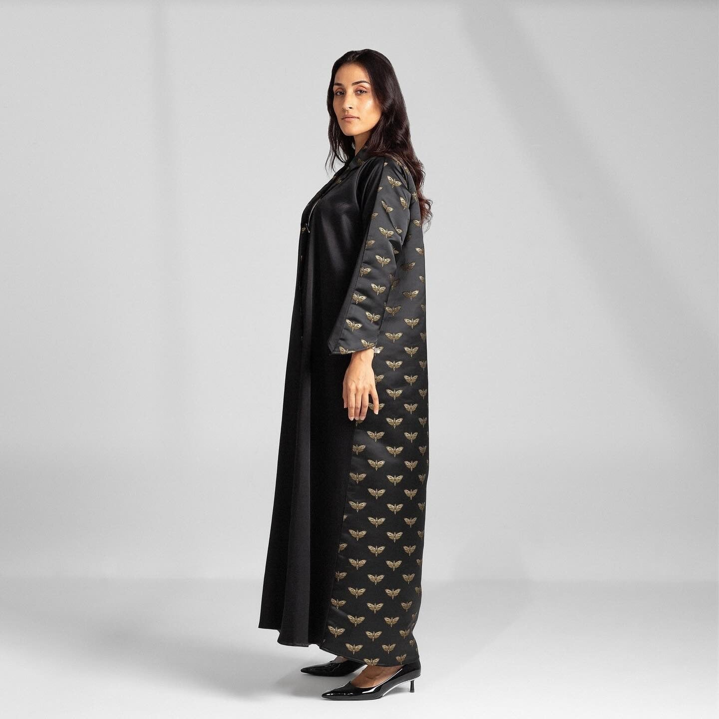 Black Abaya with Gold Floral Side and Collar Trim