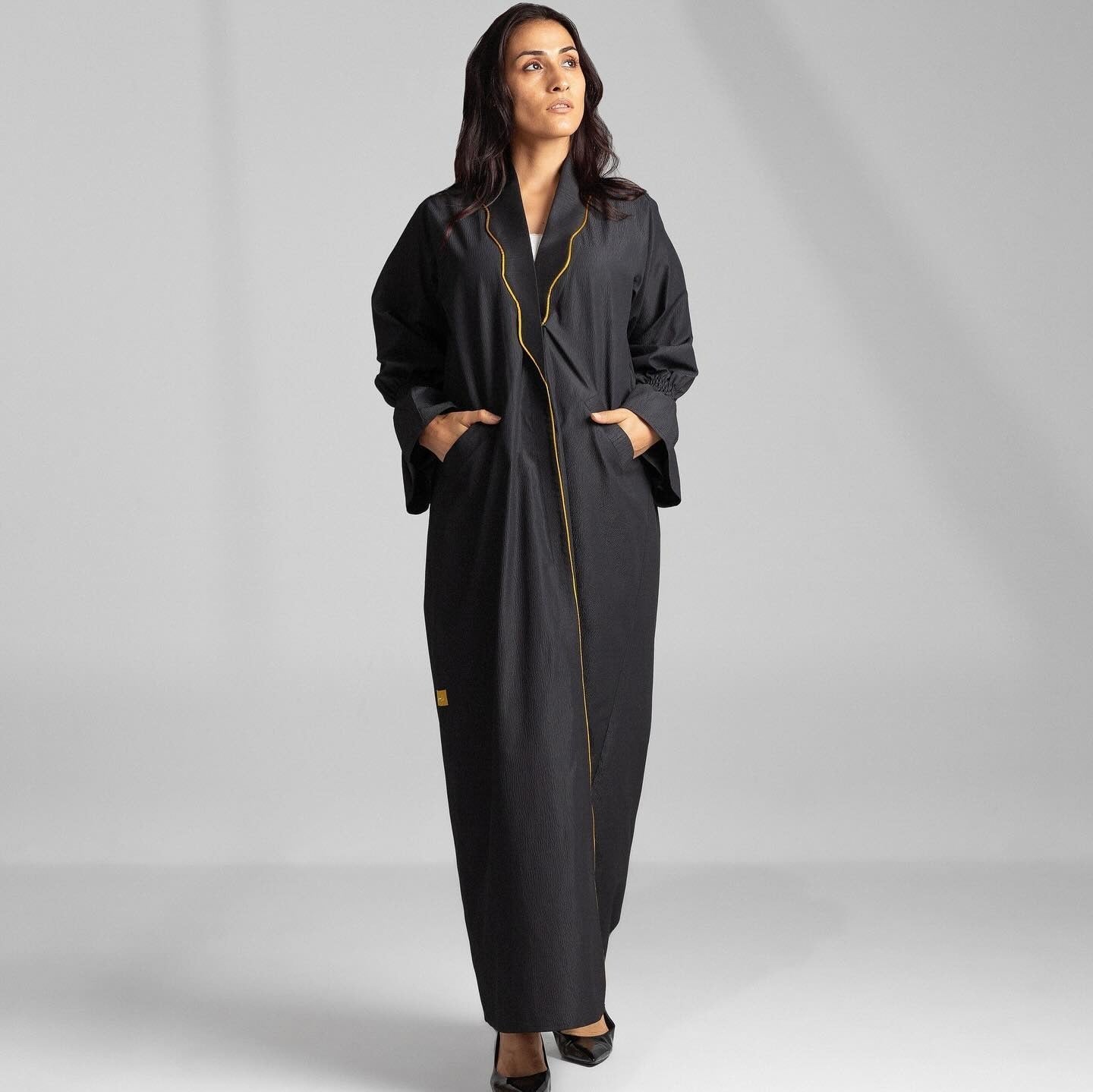 Black Abaya with Yellow Piping and Pockets