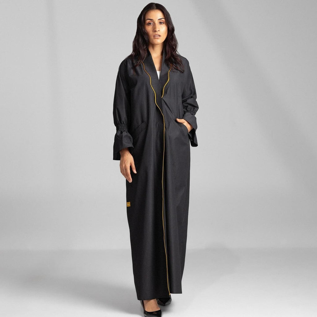 Black Abaya with Yellow Piping and Pockets