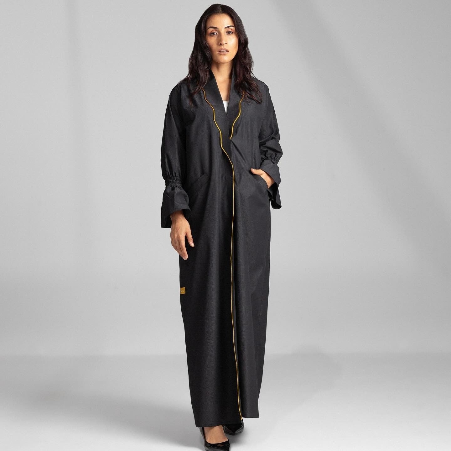 Black Abaya with Yellow Piping and Pockets